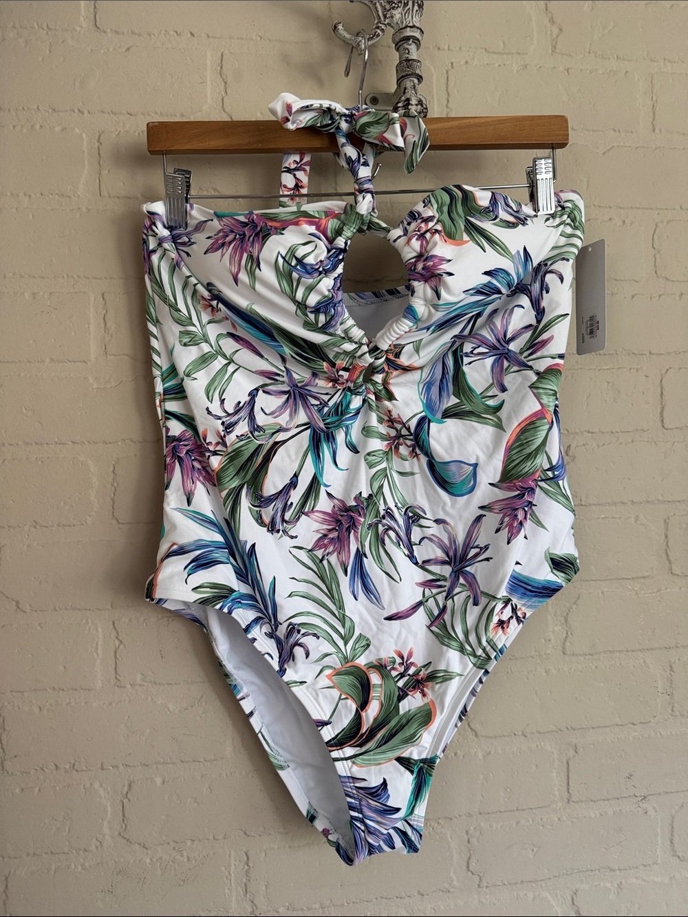 White One Piece Swimsuit halter Green and Purple Floral Print NEW xxl 20